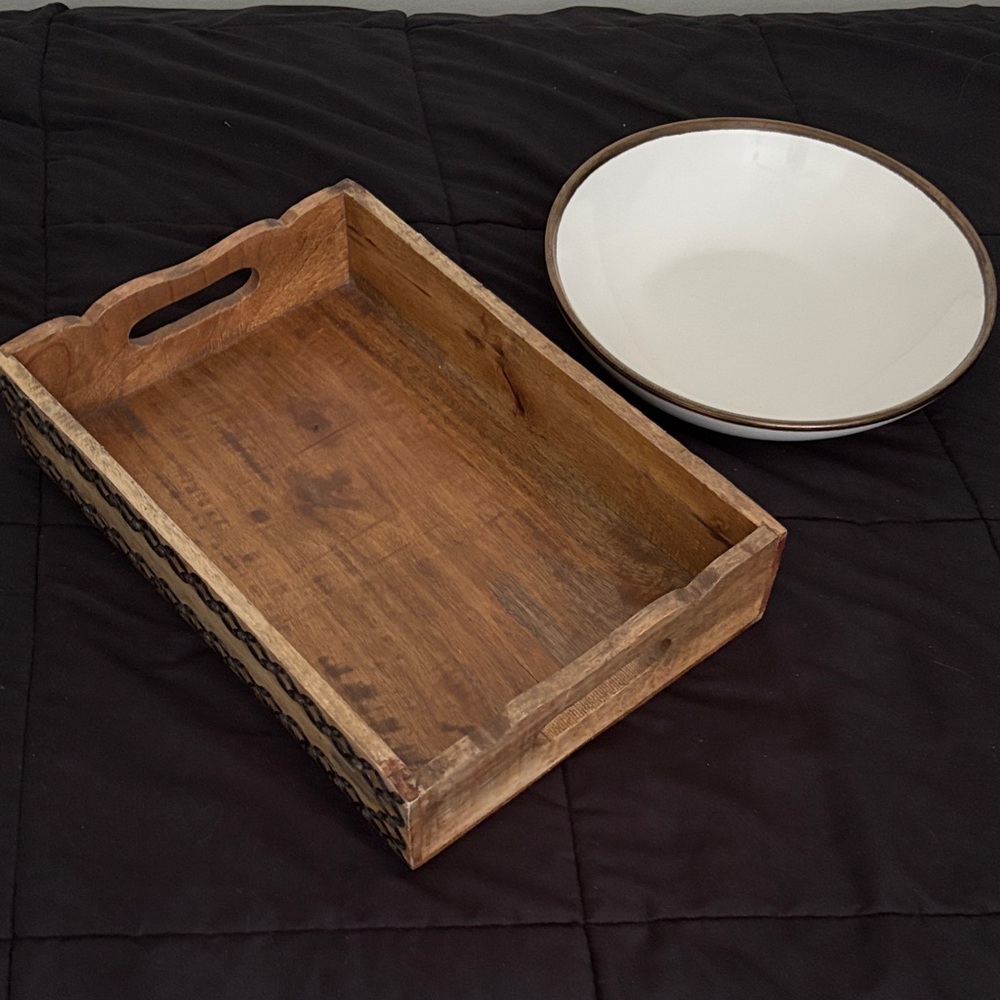 Wooden Tray and White Bowl Set